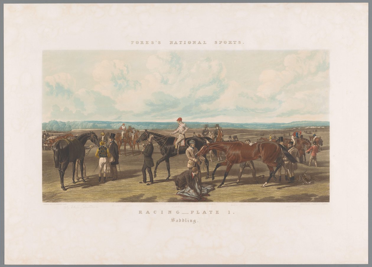 Hester blir salet til løpet Racing - Plate 1. Sadling (tittel på objekt) Fores nasjonale idretter (serietittel) Fore