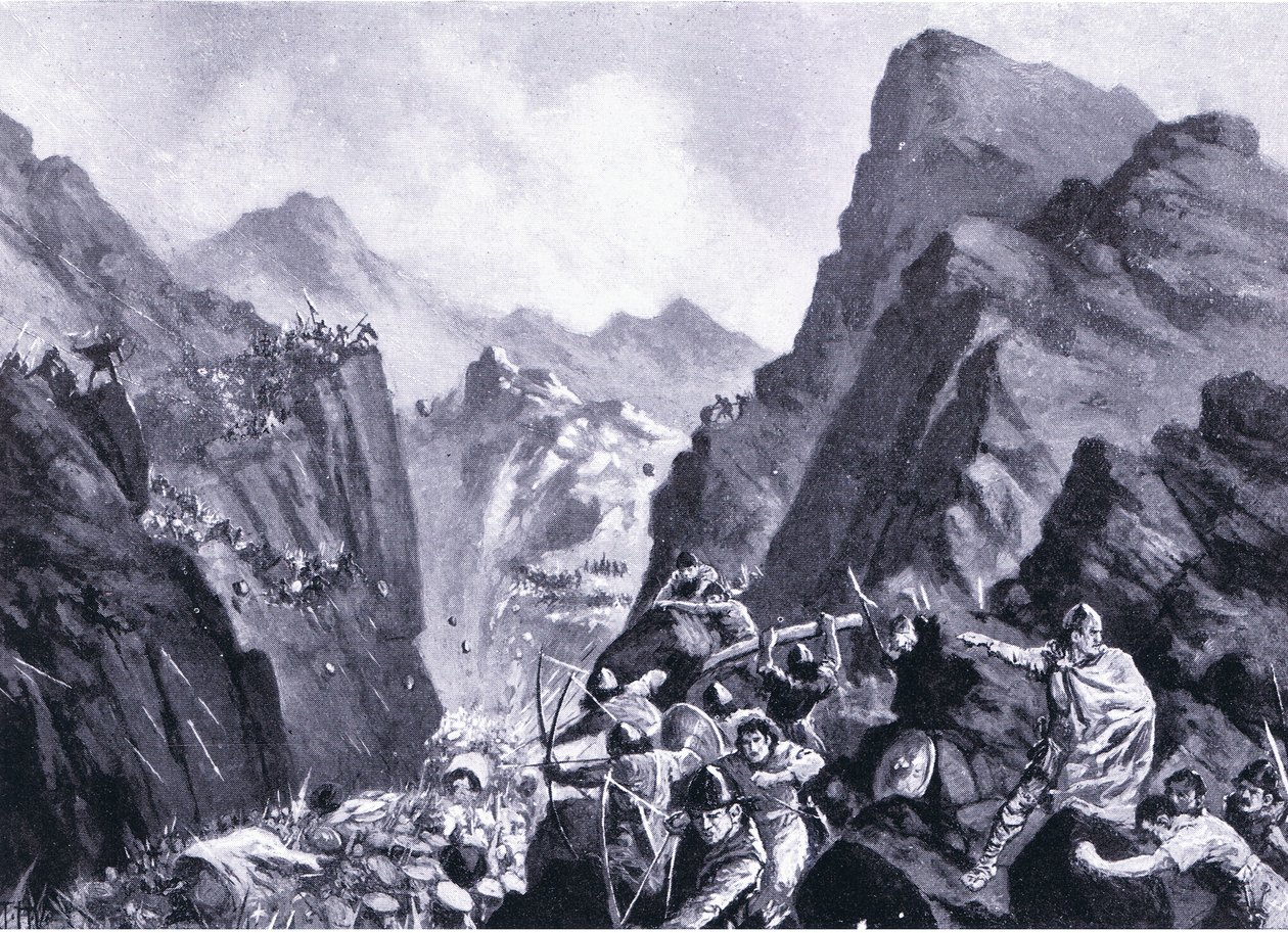 Utslettelse av den greske hæren, illustrasjon fra Hutchinsons History of the Nations VOL 4 ca. 1920-tallet av John Harris Valda