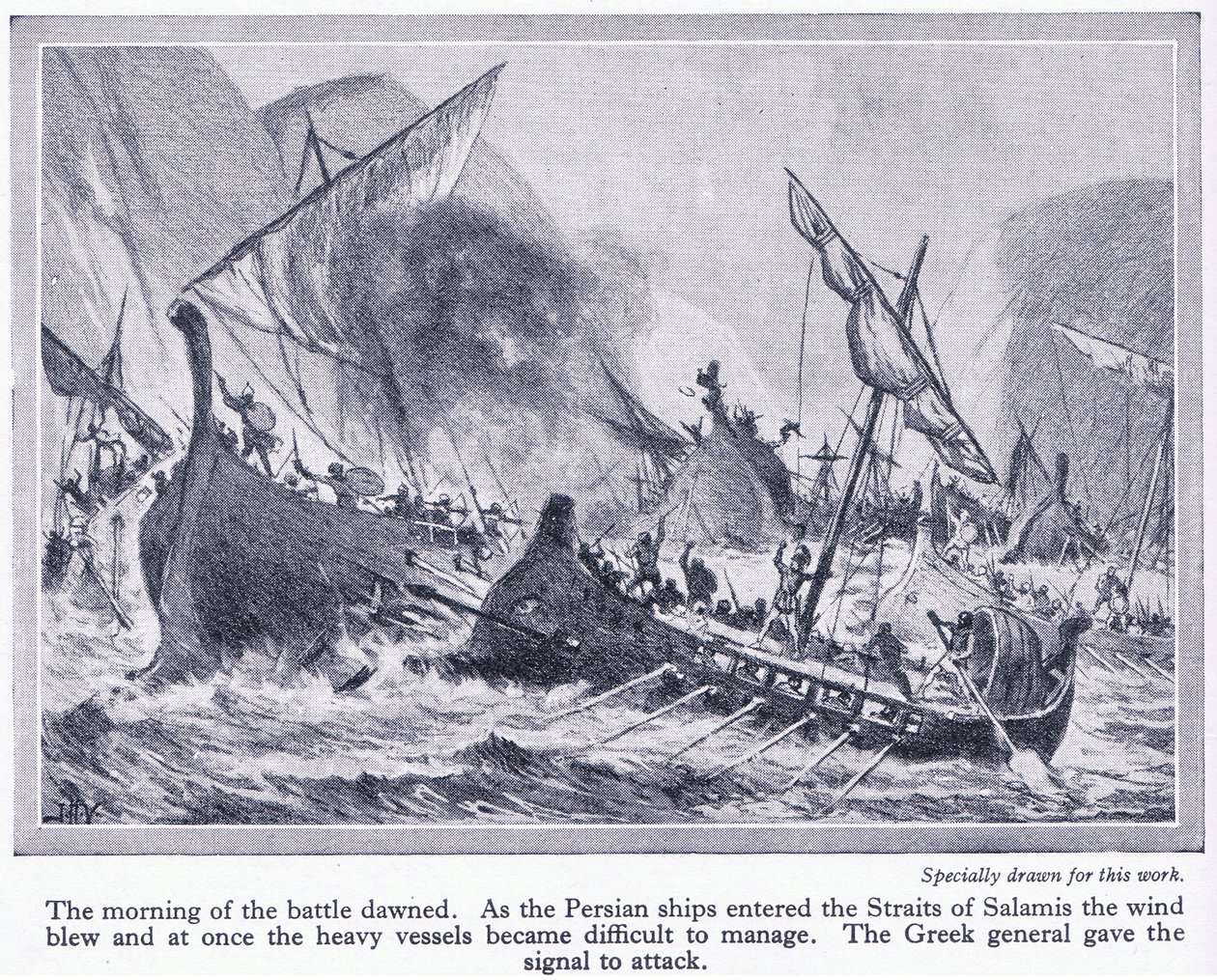 Slaget ved Salamis: Da de persiske skipene kom inn i Salamis-stredet, blåste vinden og de ble vanskelige å håndtere, ca. 1950 av John Harris Valda