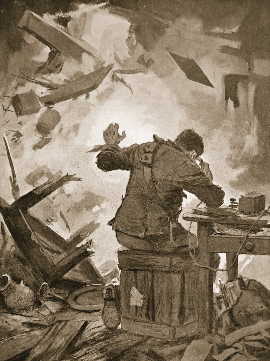Bombardier French avslutter meldingen sin etter at et granat hadde kommet gjennom rommet der han ringte (litho) av John Harris Valda