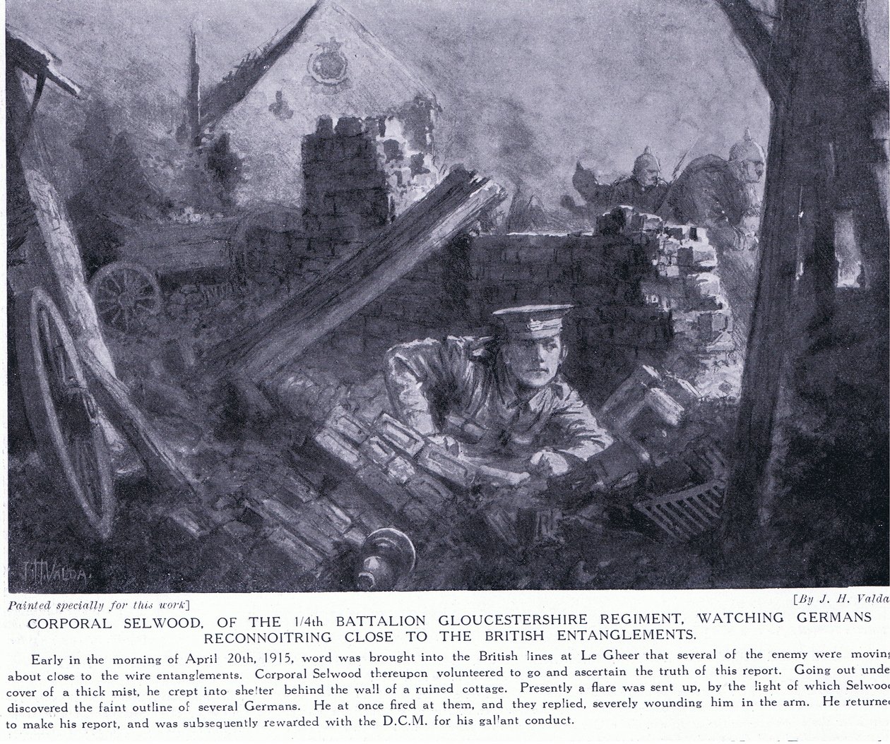 Korporal Selwood vant en DCM for å se tyskere rekognoscere nær britiske forviklinger på Le Gheer april 1915 av John Harris Valda