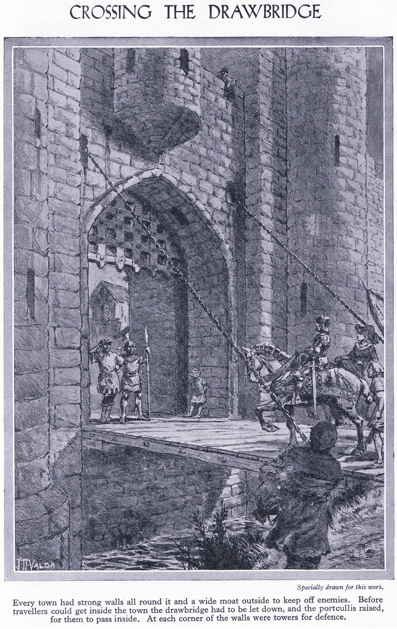 Krysser vindebroen. Hver by har sterke murer og en vollgrav, en vindebro og en portcullis for forsvar, ca. 1950 av John Harris Valda