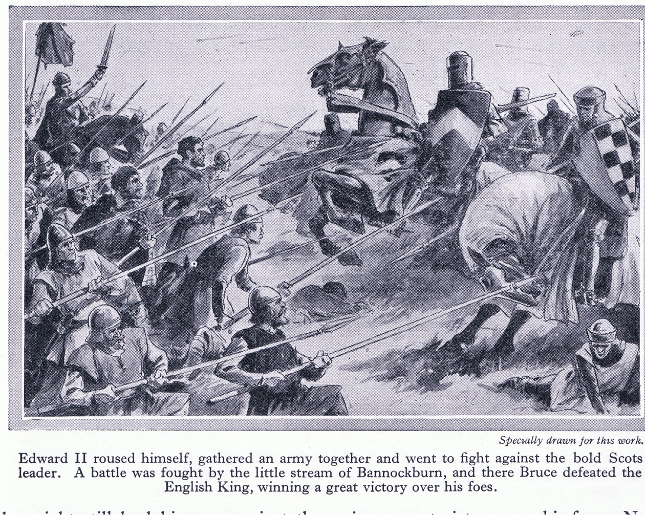 Edward II samlet en hær og kjempet et slag ved Bannockburn 1314 AD, hvor Bruce beseiret engelskmennene, ca. 1950 av John Harris Valda