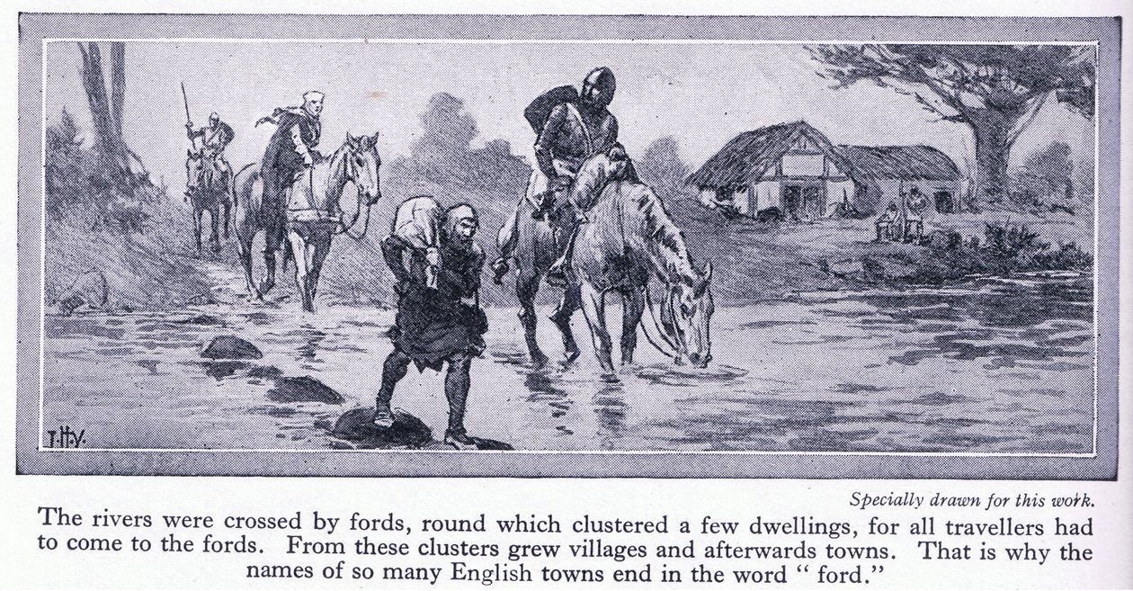 England i middelalderen. Elver ble krysset av vadesteder, rundt hvilke det var samlet noen boliger og landsbyer, ca. 1950 av John Harris Valda
