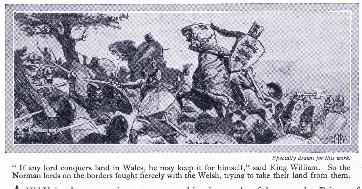 Hvis noen herrer erobrer land i Wales, kan han beholde det for seg selv, sa kong William, ca. 1950 av John Harris Valda