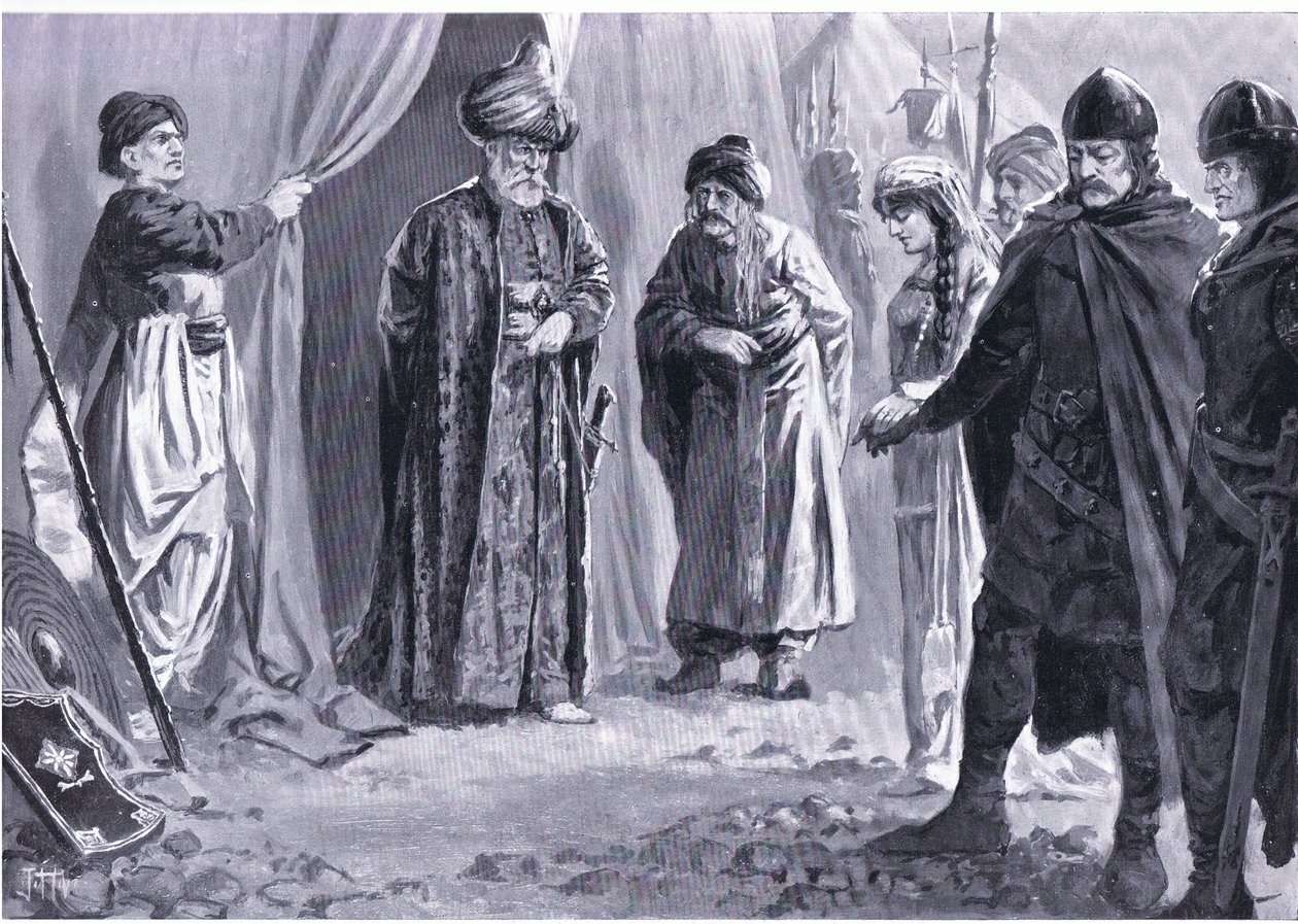 Ivan Shishman III leverer sin søster til Sultan Murad I, AD1366, fra Hutchinson's History of the Nations (Volume 4) utgitt av Hutchinson, ca. 1920 (litho) av John Harris Valda