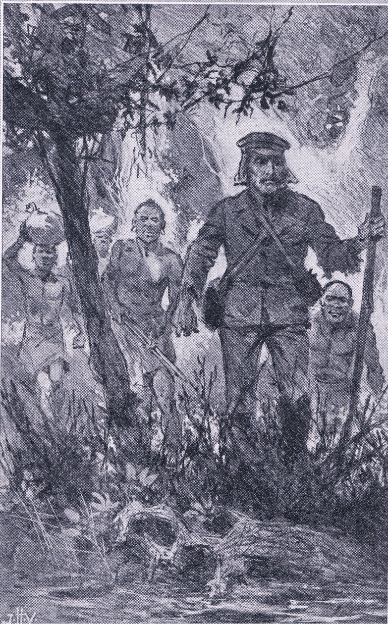 Livingstone skjøt mot løven, men løven angrep ham og bet skulderen hans og brakk venstre arm, Newnes Pictorial Knowledge utgitt av Newnes, ca. 1950-tallet (litho) av John Harris Valda