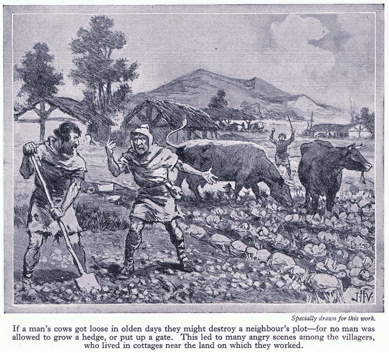 Ingen fikk lov til å dyrke en hekk eller sette opp en port. Dette førte til mange krangel blant landsbyboere, ca. 1950 av John Harris Valda