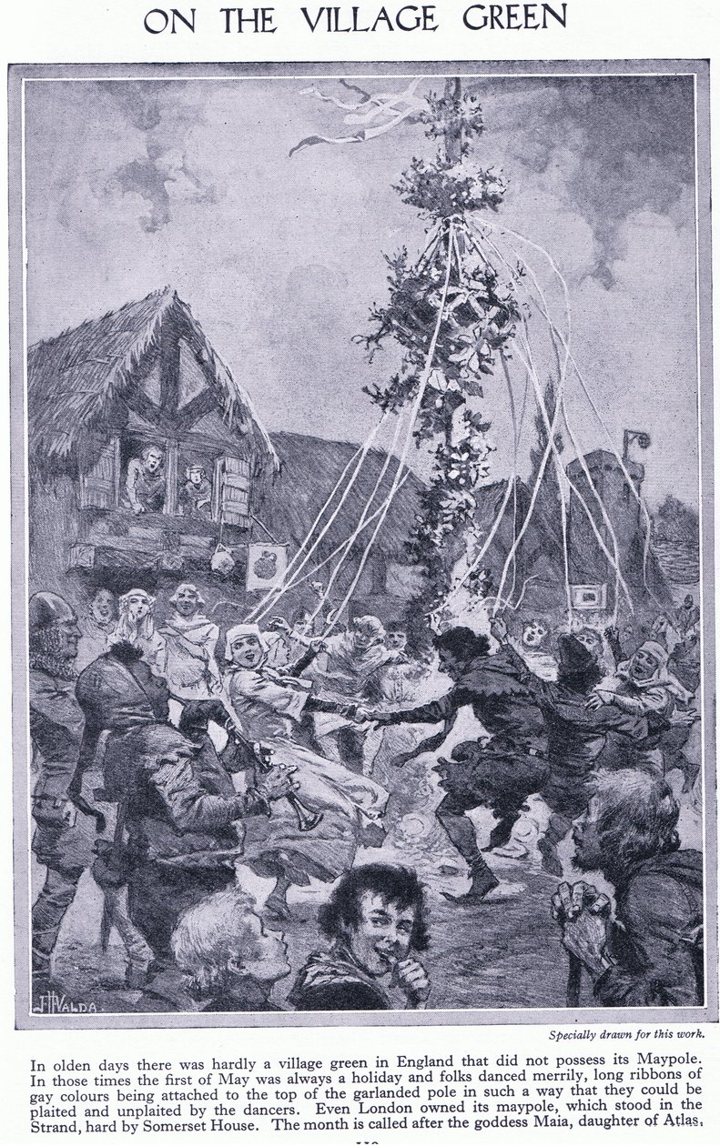 På landsbygrønt. Dans rundt majstangen, ca. 1950 av John Harris Valda