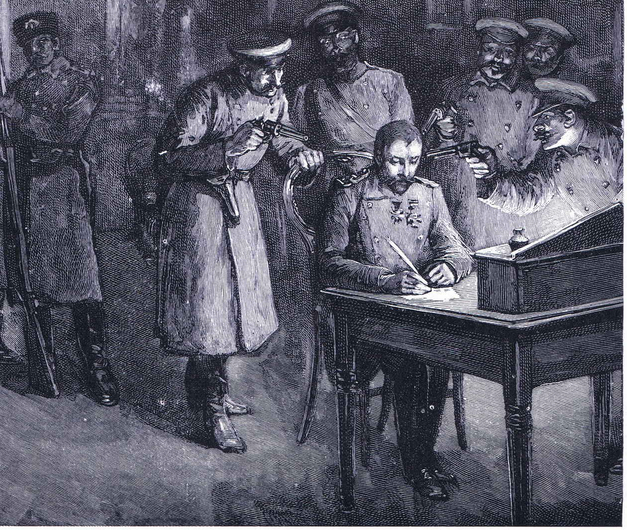 Prins Alexander signerer sin abdikasjon 1886, illustrasjon fra Hutchinsons History of the Nations VOL 4 ca. 1920-tallet av John Harris Valda