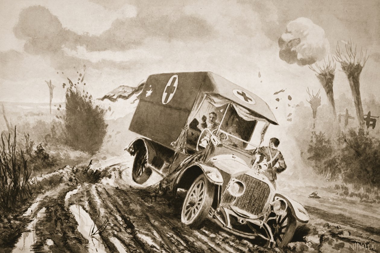Menig Adams gikk for å hjelpe de sårede i en motorambulanse som hadde kjørt inn i et granathull mens han var under ild av John Harris Valda