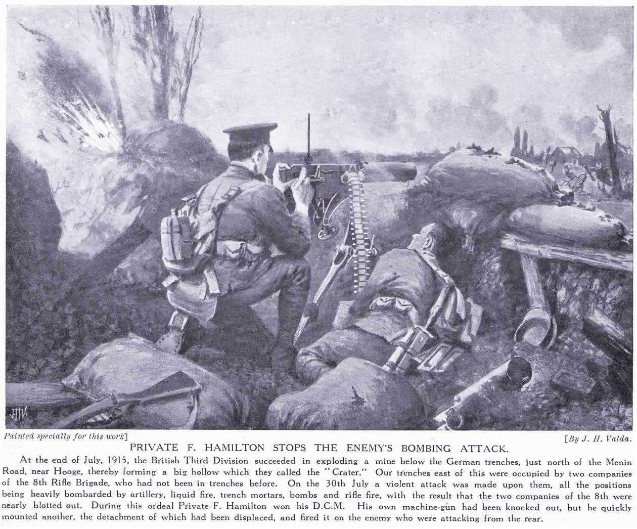 Menig F Hamilton tildelte DCM ved å stoppe fiendens bombeangrep juli 1915 ved Hooge av John Harris Valda