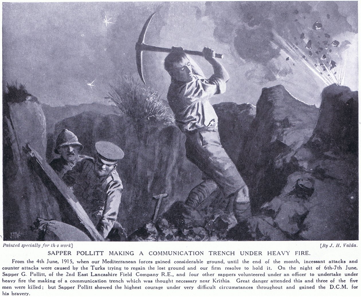 Sapper Pollitt laget en kommunikasjonsgrøft under kraftig ild på Gallipoli-halvøya juni 1915 av John Harris Valda