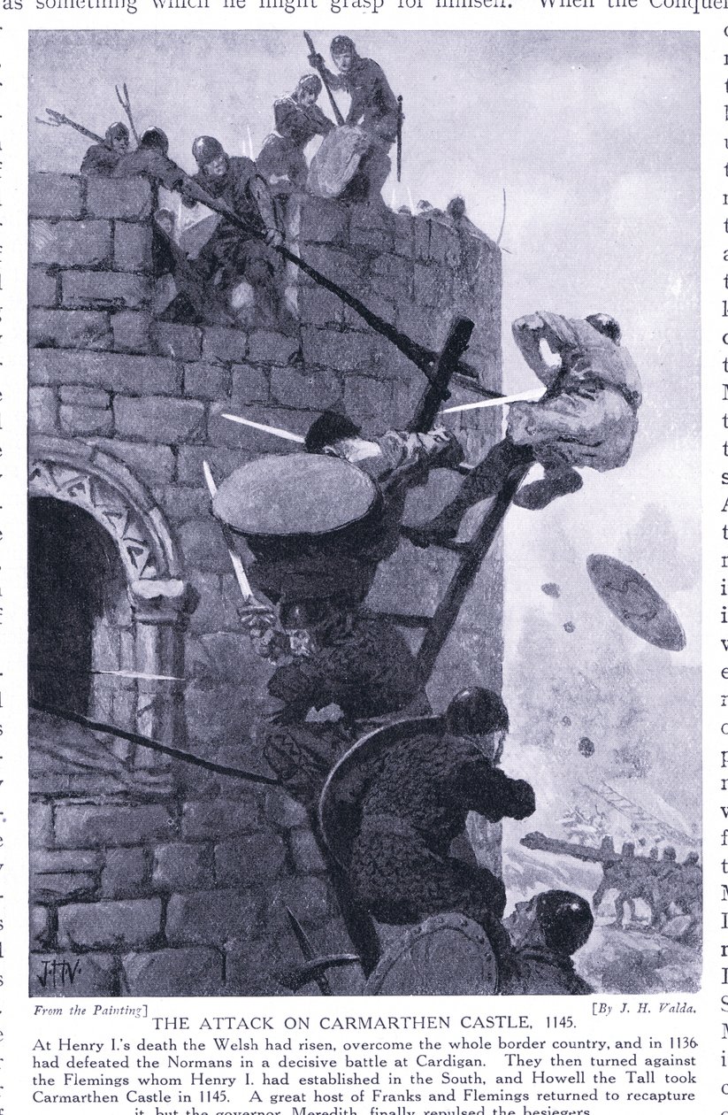 Angrepet på Carmarthen Castle AD1136, 1920-tallet av John Harris Valda