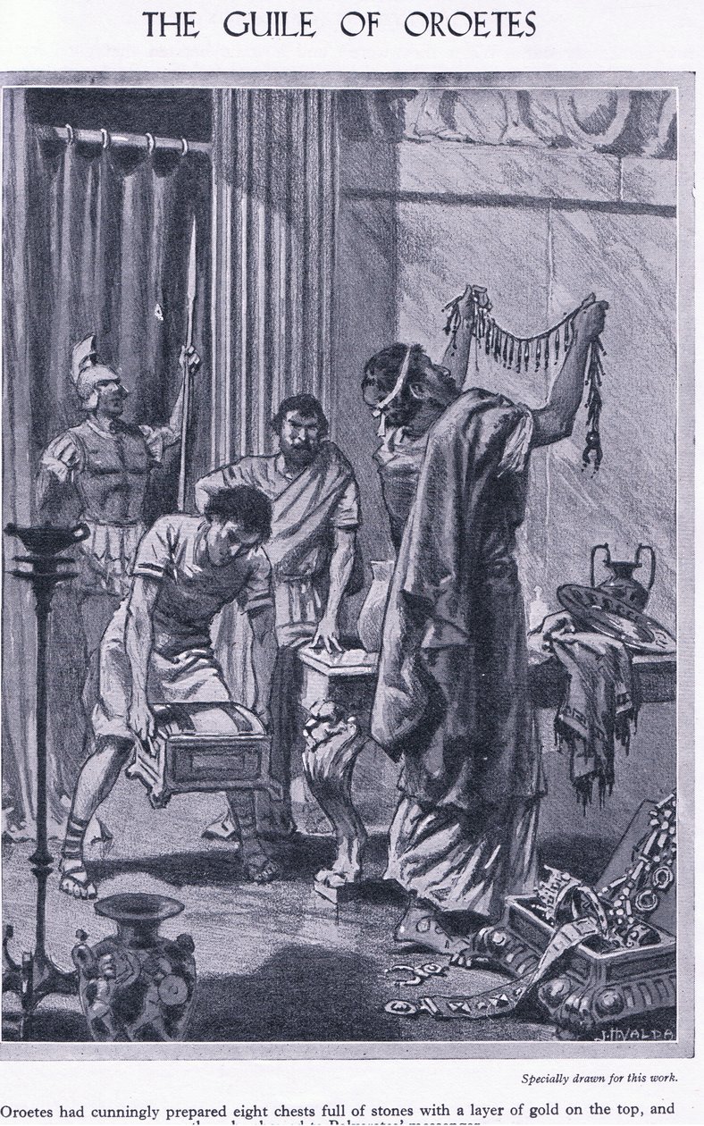 The guile of Oroetes: åtte kister med et lag gull på toppen, vist til budbringeren til Polycrates, ca. 1950 av John Harris Valda