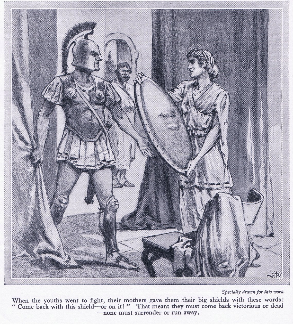 Da spartanske ungdommer gikk for å kjempe, ga moren dem de store skjoldene deres med ordene, 2kom tilbake med dette skjoldet eller på det, ca. 1950 av John Harris Valda