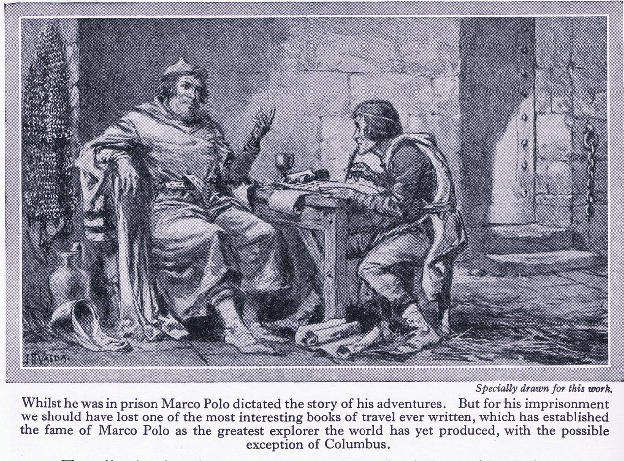 Mens han satt i fengsel dikterte Marco Polo historien om eventyrene hans, ca. 1950 av John Harris Valda