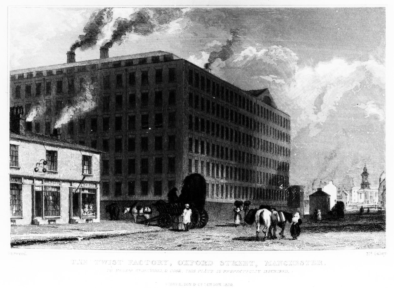 The Twist Factory, Oxford Street, Manchester, gravert av John McGahey, 1829 av John Harwood