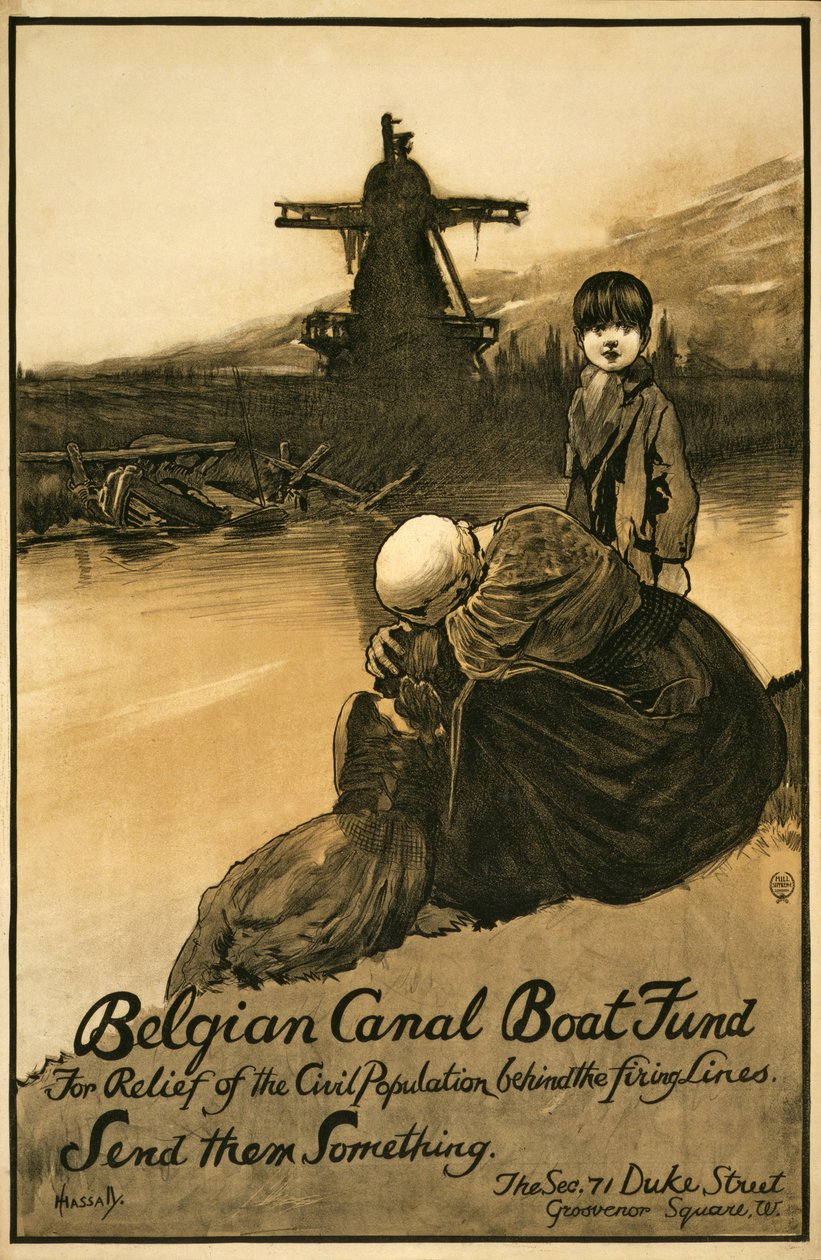 Innsamlingskampanje for Belgian Canal Boat Fund, pub. 1914-18 (farge litho) av John Hassall