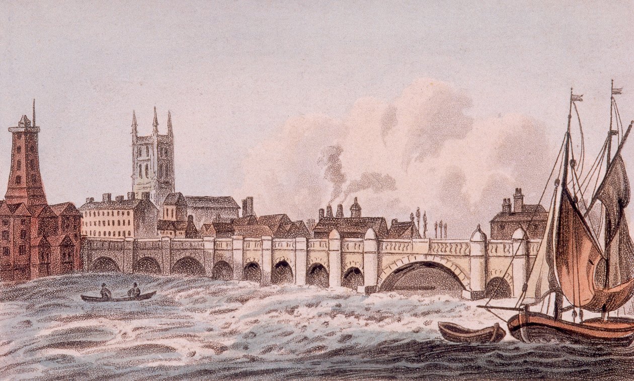 London Bridge gamle, London, 1823 av John Hassall