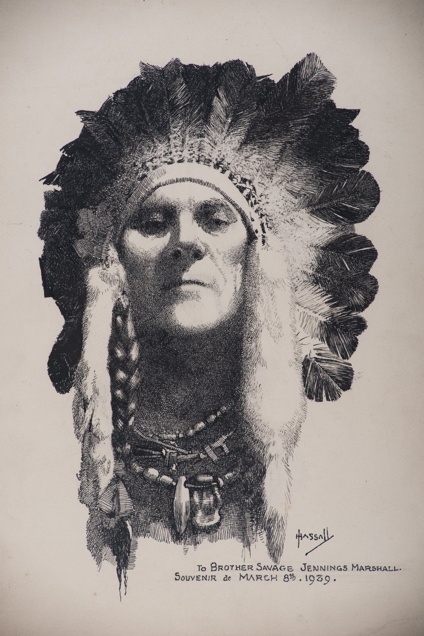 Selvportrett med indisk hodeplagg, 8. mars 1939 (penn og blekk på plate) av John Hassall
