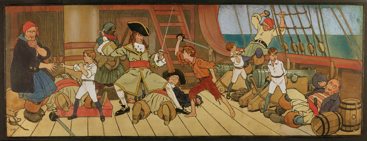 The Lost Boys in Combat with the Pirates and Peter i den endelige duellen med Captain Hook, illustrasjon fra 