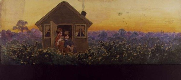 Tretoppene ved solnedgang ett år senere: Peter i det lille huset med Wendy på hennes årlige vårrengjøringsbesøk, illustrasjon til 