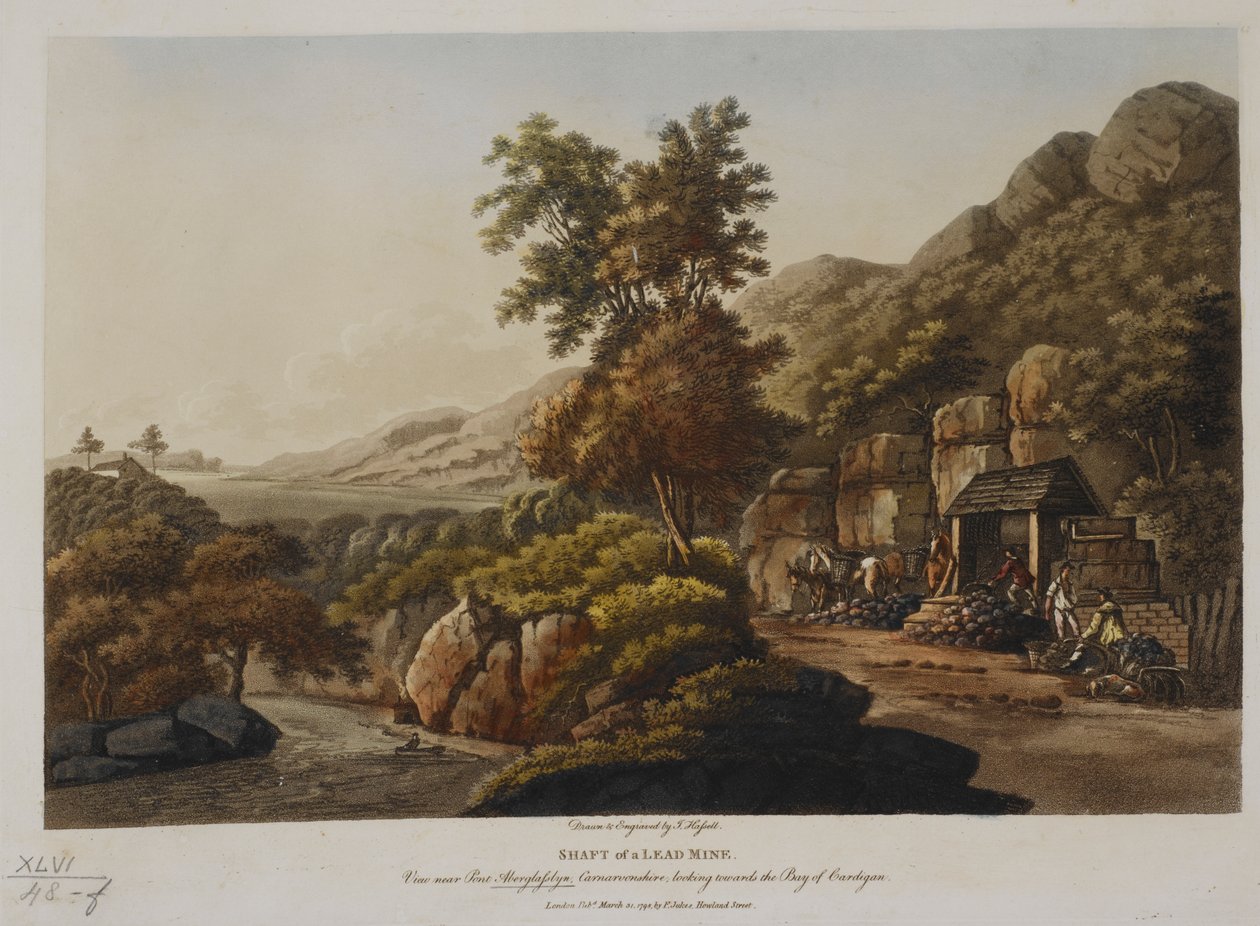 Skaft til en blygruve. Utsikt nær Pont Aberglaslyn, Carnarvonshire, med utsikt mot Bay of Cardigan, publisert i 1798 (farget gravering) av John Hassell