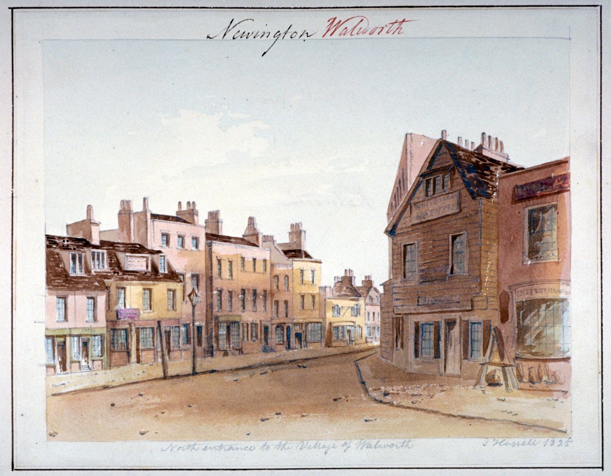 Utsikt over landsbyen Walworth, Southwark, fra den nordlige inngangen, London, 1825 av John Hassell