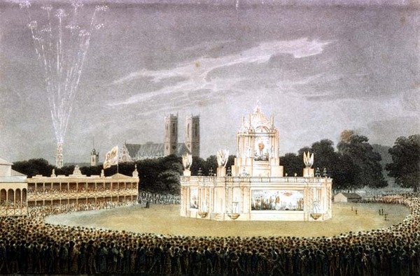 Fyrverkeri som ble holdt i Green Park for å feire nederlaget til Napoleon, gravert av puben Matthew Dubourg. 1814 (gravering) av John Heaviside (after) Clark