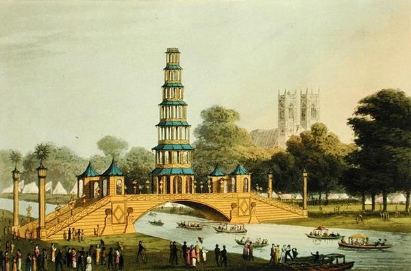 Den kinesiske broen og pagoden, reist i parken til minne om den strålende freden i 1814, gravert av Matthew Dubourg (fl.1785-20) av John Heaviside (after) Clark
