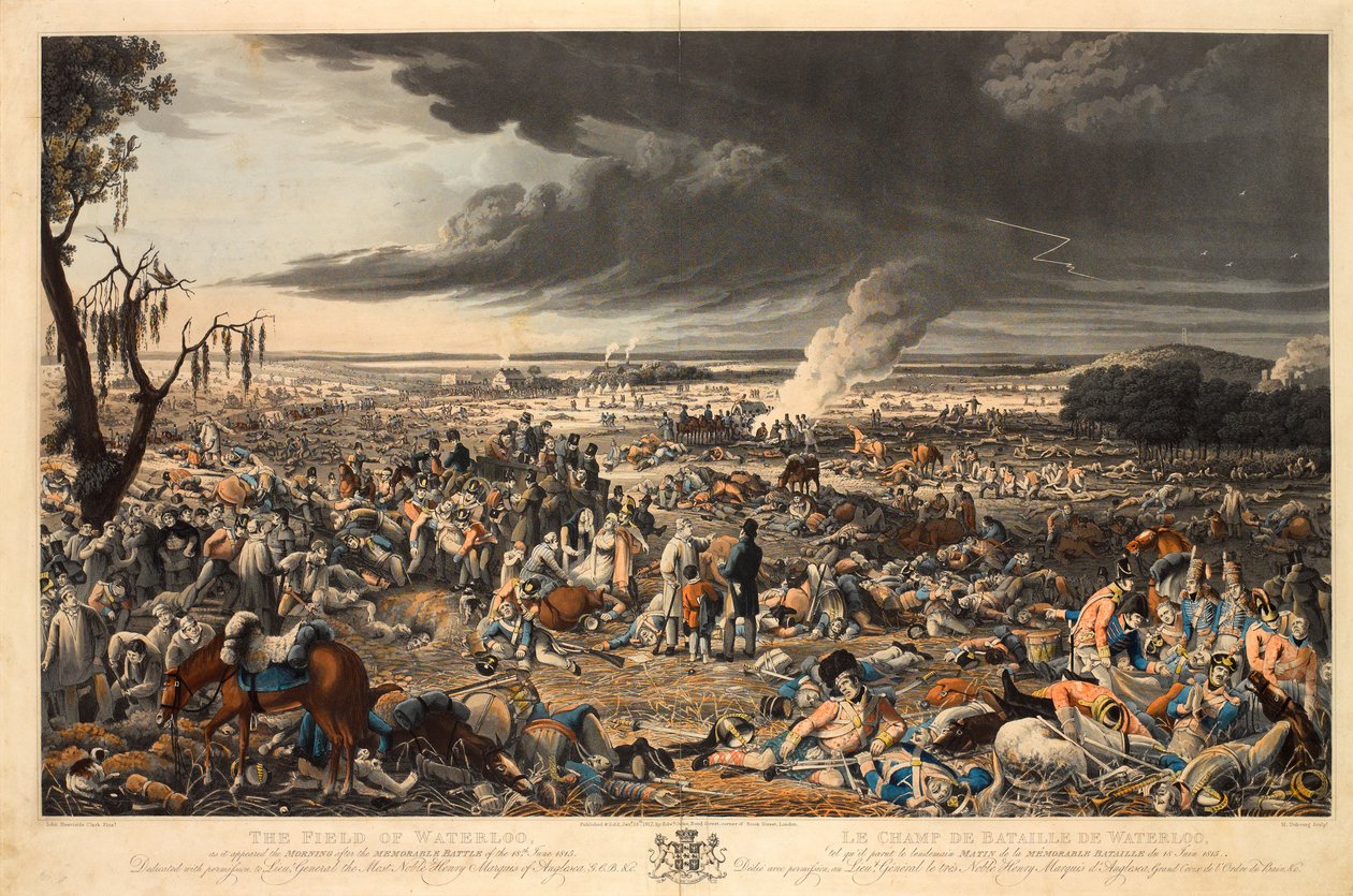 "The Field of Waterloo, slik den så ut morgenen etter det minneverdige slaget den 18. juni 1815" (akvatint, farget) av John Heaviside (after) Clark