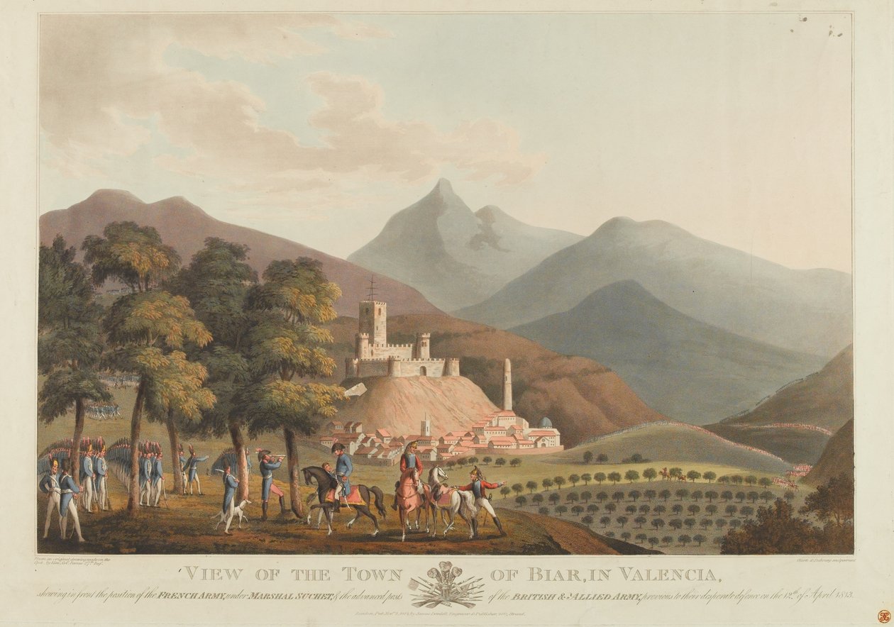 En utsikt over byen Briar, Valencia, gravert av Dubourg, 1814 (farget akvatint) av John Heaviside Clark