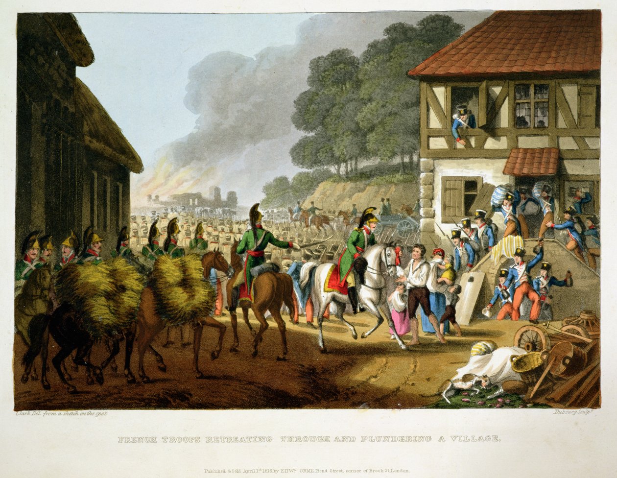 Franske tropper som trekker seg tilbake gjennom og plyndrer en landsby, gravert av Matthew Dubourg (fl.1813-20) fra "Historiske, militære og marineanekdoter", pub. av Edward Orme (1774-c.1820) 1816 (akvatint) av John Heaviside Clark