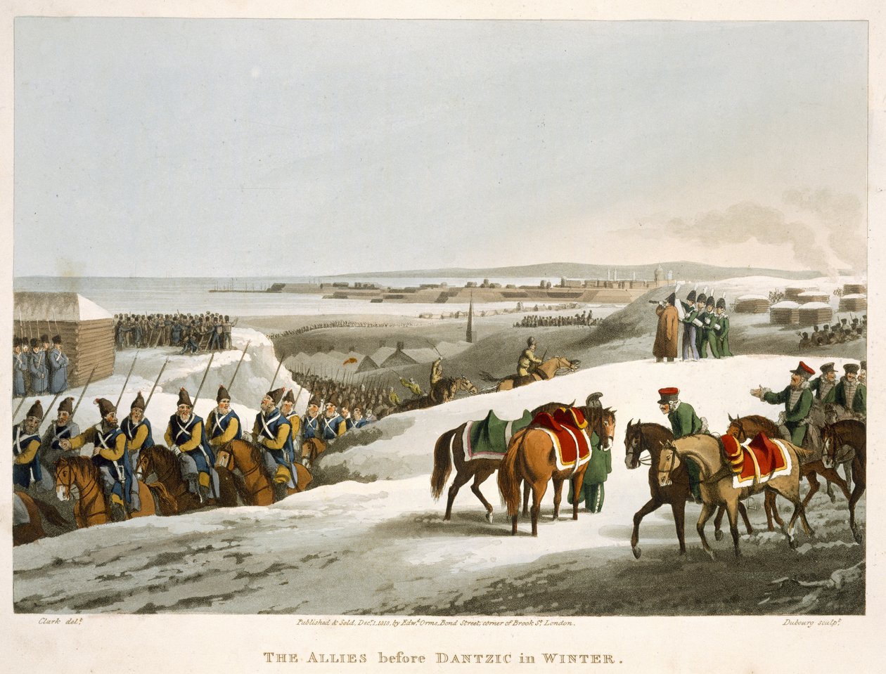 De allierte før Dantzic om vinteren, gravert av Matthew Dubourg (fl. 1813-20) fra 'Historic, Military and Naval Anecdotes', pub. av Edward Orme (1774-c.1820) 1818 (akvatint) av John Heaviside Clark