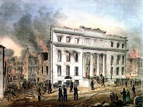 Ruinene av Merchants Exchange New York, gravert av Nathaniel Currier (1813-88) pub. av J. Disturnell og kunstneren av John Henry (after) Bufford