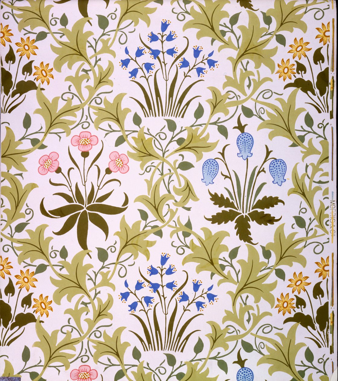 Celandine Wallpaper Design, sent 1896 (farget treblokktrykk på papir) av John Henry Dearle