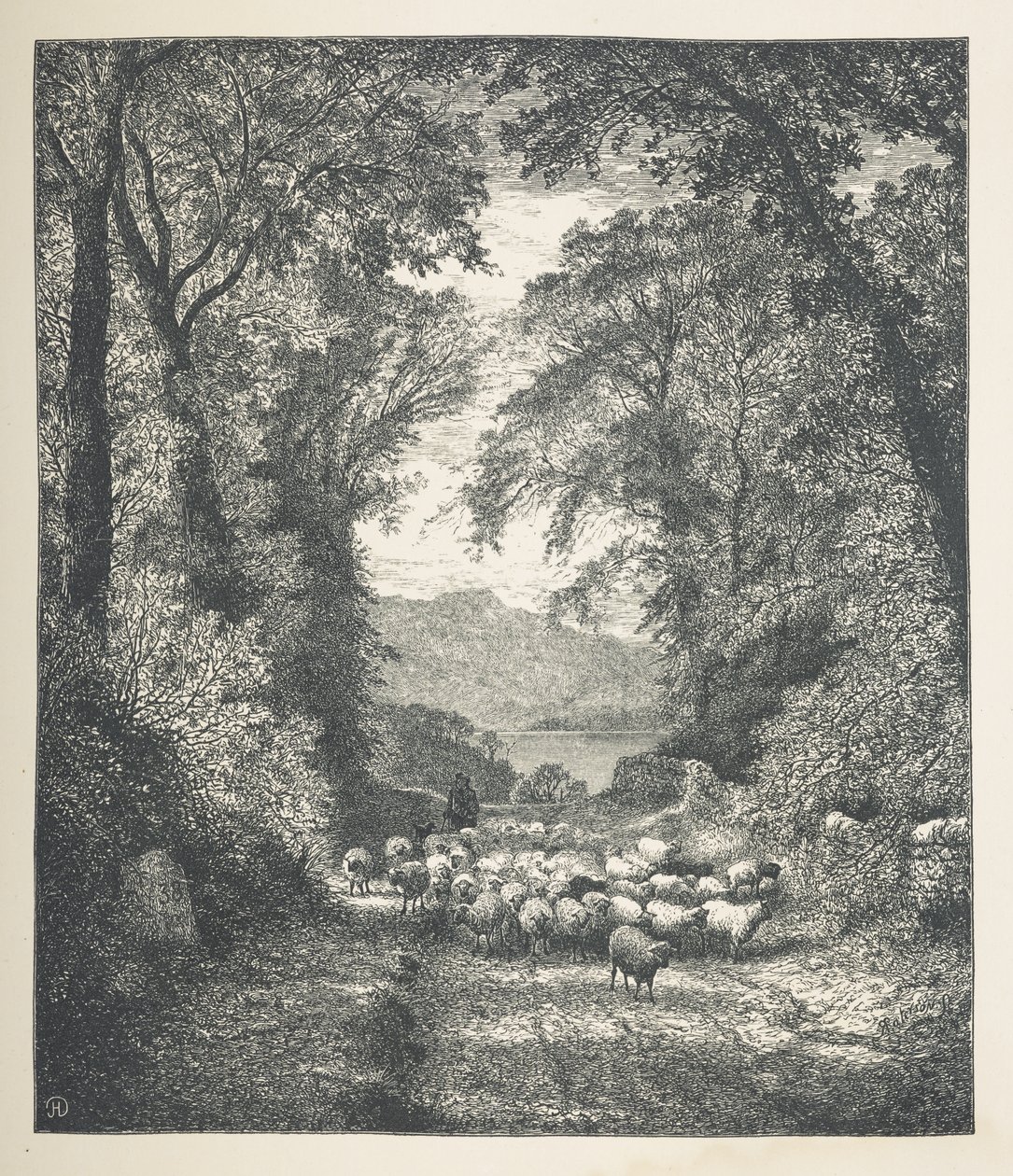 Plate 4. Sauer blir kjørt av en gjeter, langs en sti.  Naturbilder. En serie på tretti originale illustrasjoner tegnet på tre av J. H. Dell, og gravert av R. Paterson.  John Henry Dell av John Henry Dell