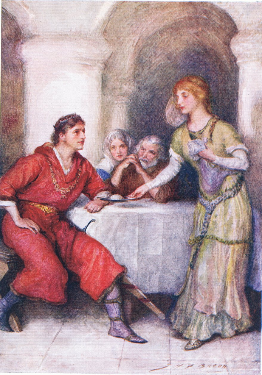 Enid Waits Upon Geraint, illustrasjon for Childrens Stories from Tennyson av Nora Chesson av John Henry Frederick Bacon