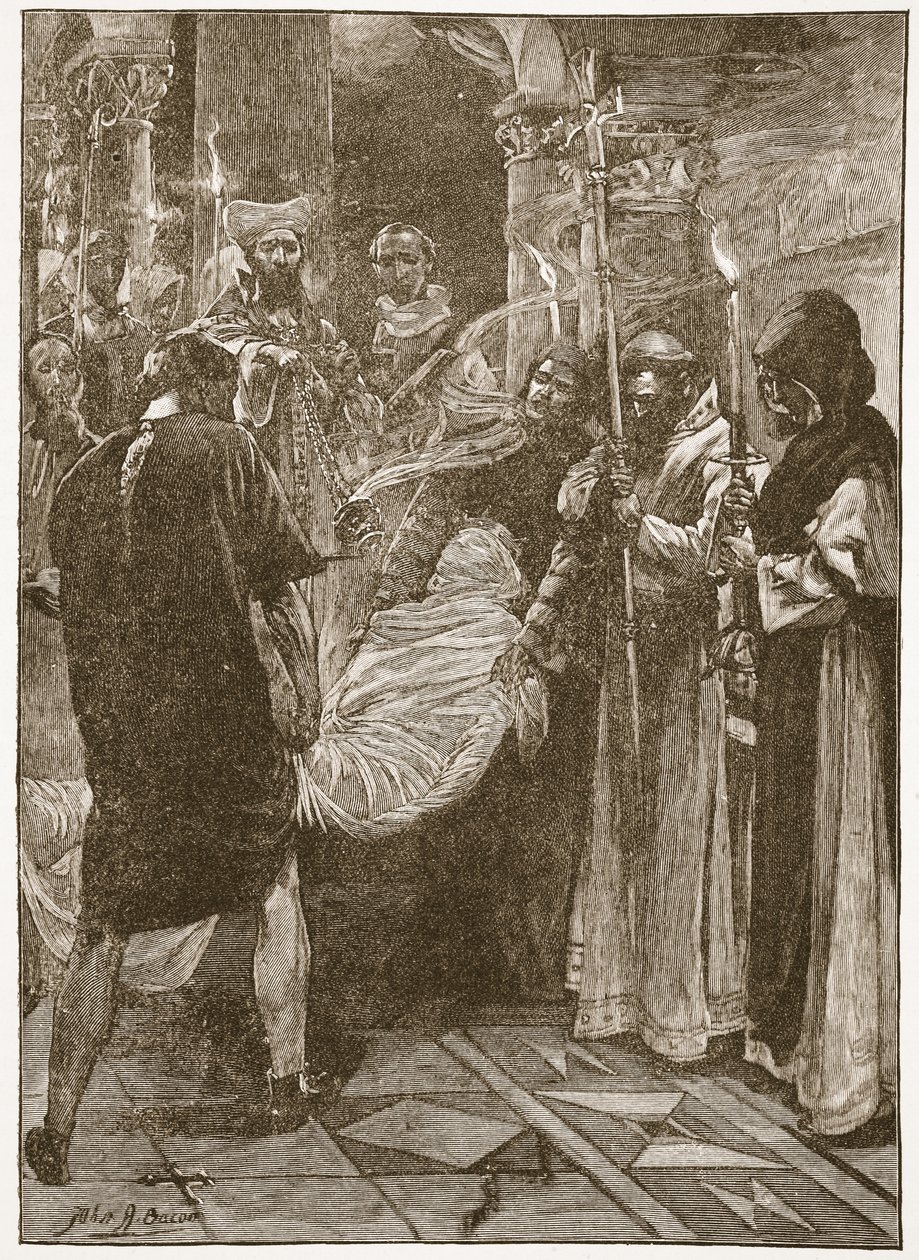 The Burial of King Ethelbert of Kent, illustrasjon fra 'The Church of England: A History for the People' av HDM Spence-Jones, pub. ca. 1910 (litho) (sepia-bilde) av John Henry Frederick Bacon
