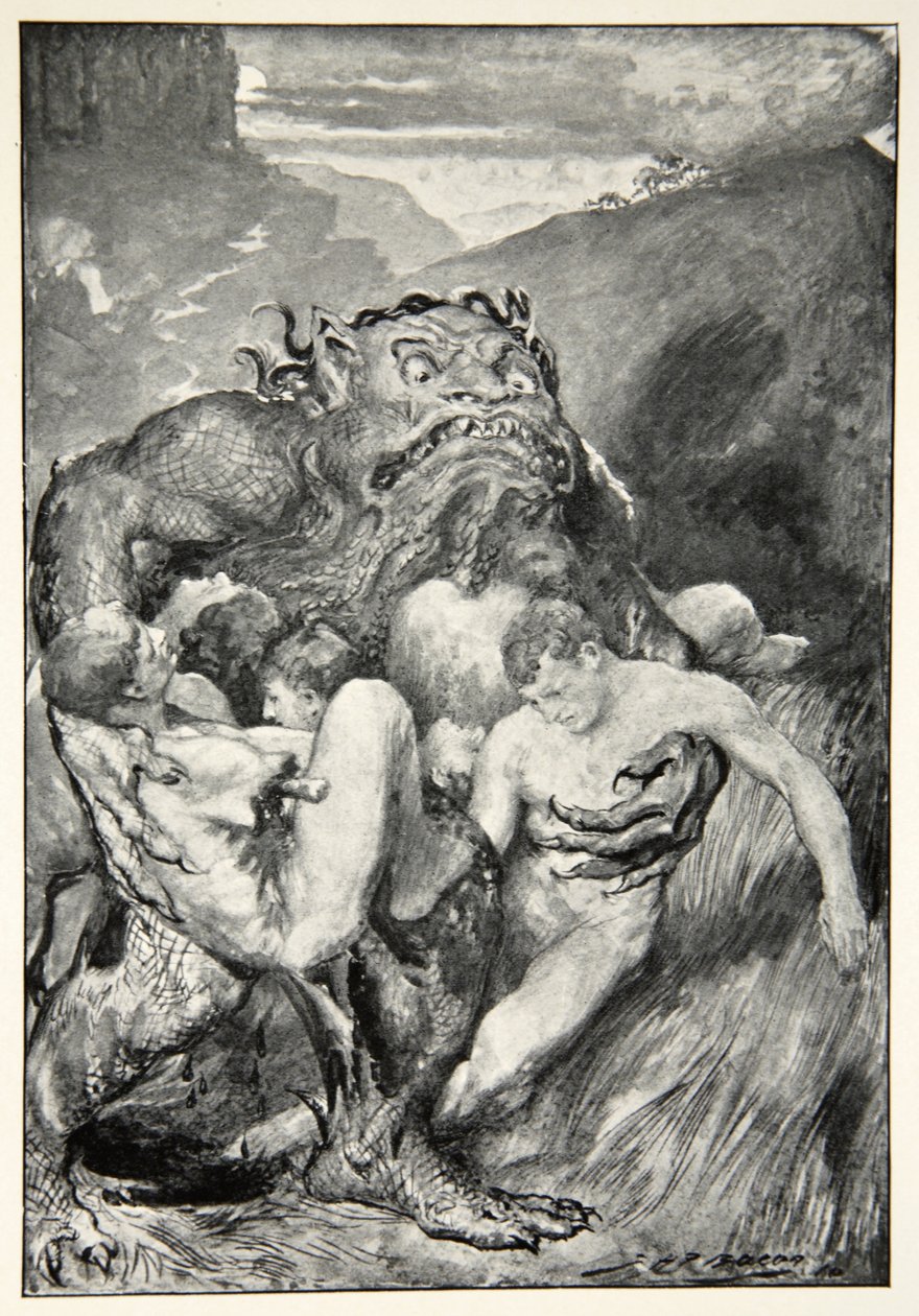 Ondskapens Daemon, med sin voldsomme raving, grep dem grådig, fra "Hero Myths and Legends of the British Race" av M.I. Ebbutt, 1910 av John Henry Frederick Bacon