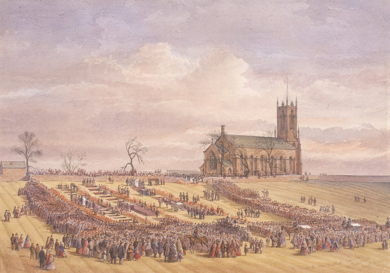 Begravelse av ofrene for Hartley Colliery-katastrofen i Earsdon Churchyard, 26. januar 1862 (akvarell på papir) av John Henry Leonard