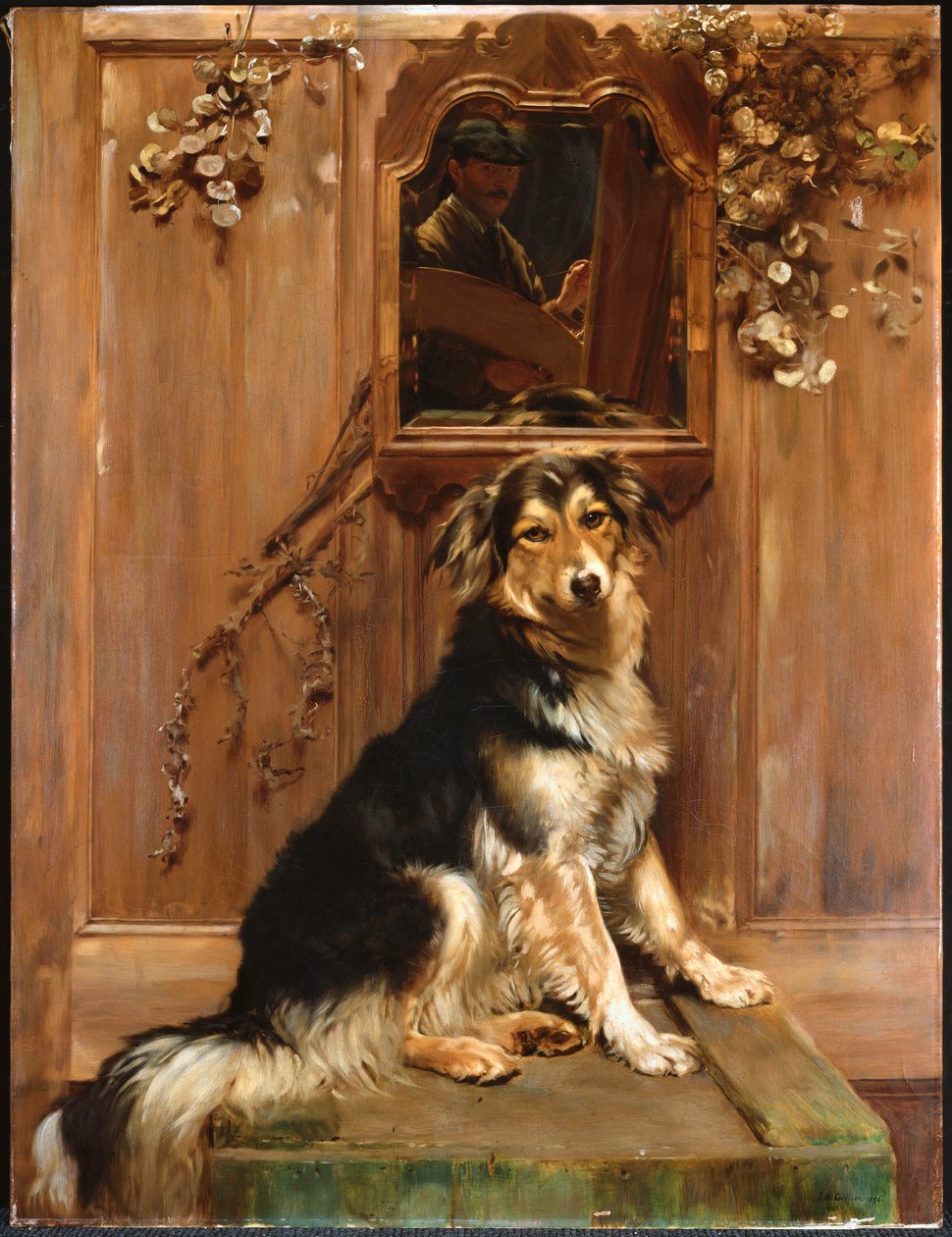 En hund og et speil (olje på lerret) av John Henry Lorimer