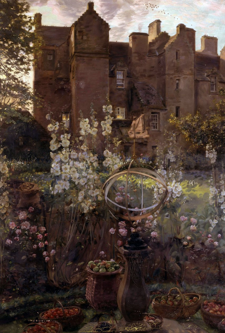 Kellie Castle, Fife, Skottland. Skotsk slott med et stilleben av en skulptur og en fruktkurv i forgrunnen. Maleri av John Henry Lorimer (britisk 1856–1936). Privat samling. av John Henry Lorimer