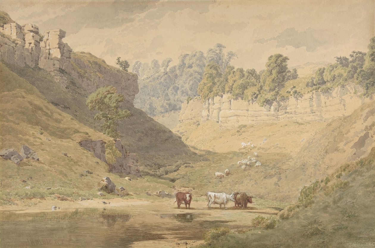Storfe ved et vannhull i en dal, 1830-86. av John Henry Mole