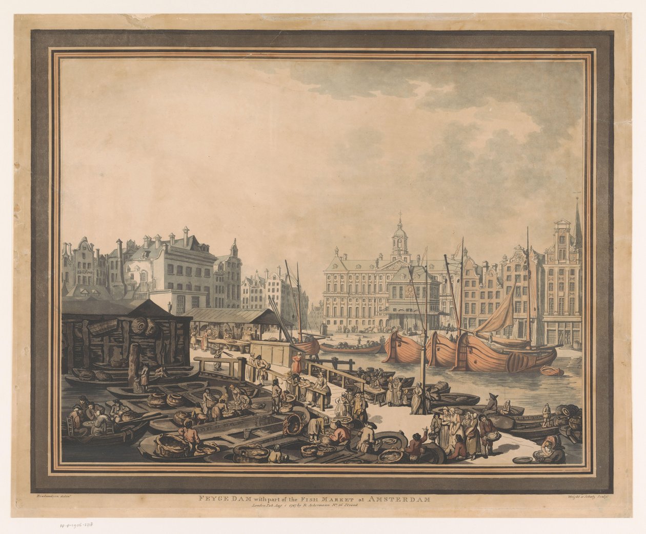 Utsikt over fiskemarkedet på Dam-plassen i Amsterdam Feyge Dam med en del av fiskemarkedet i Amsterdam (tittel på objekt) av John Henry Wright