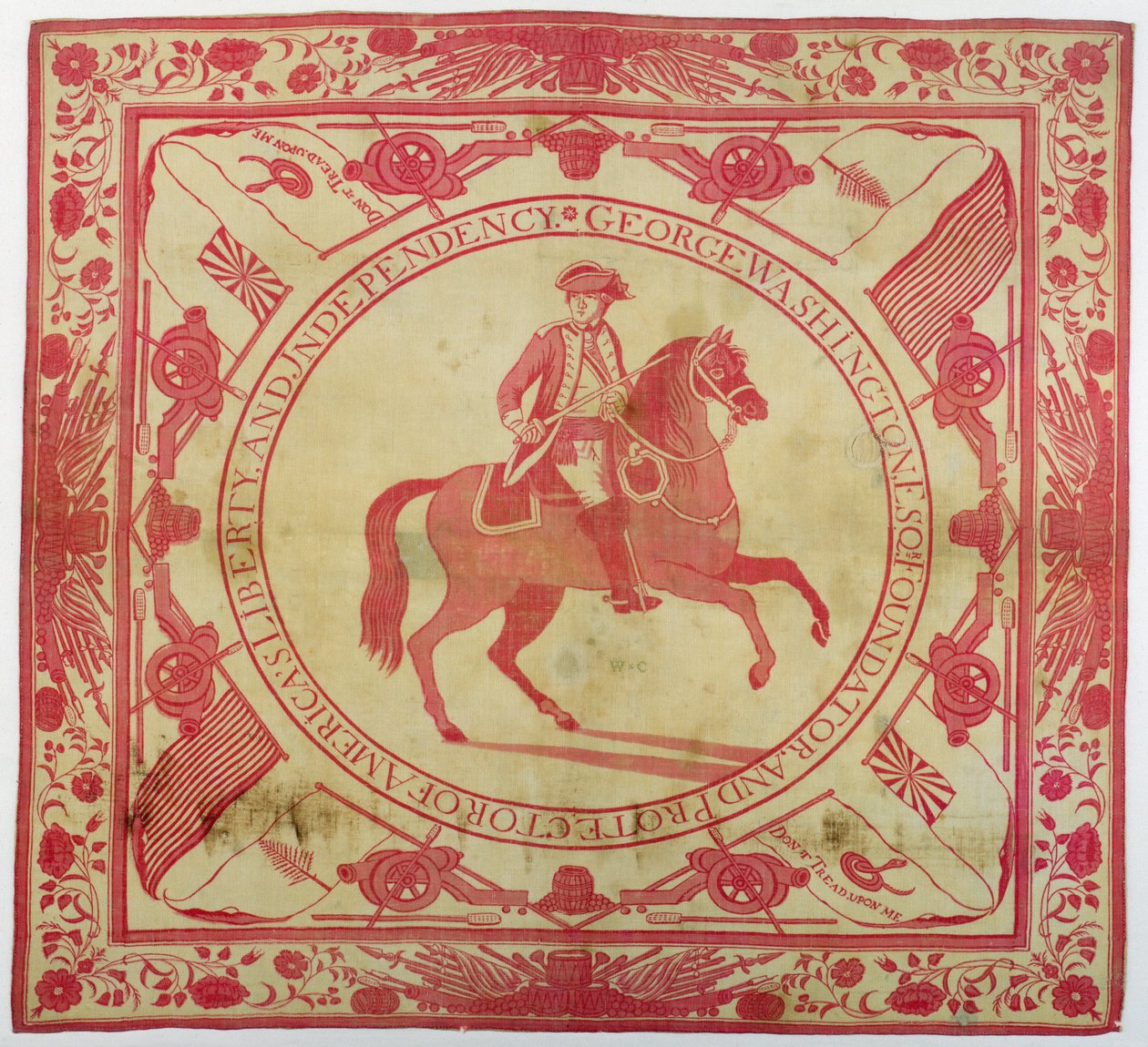 Tørkle som viser George Washington (1732-99) på hesteryggen, 1777-89 (bomull) av John Hewson