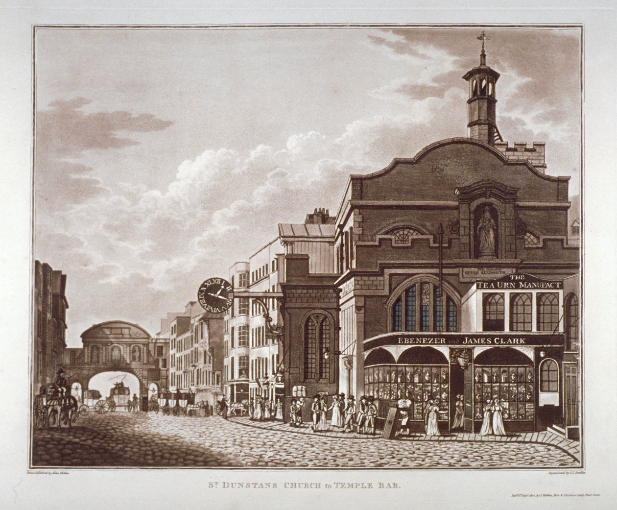 Fleet Street fra St Dunstan i vest til Temple Bar, City of London, 1802 av John Hickin