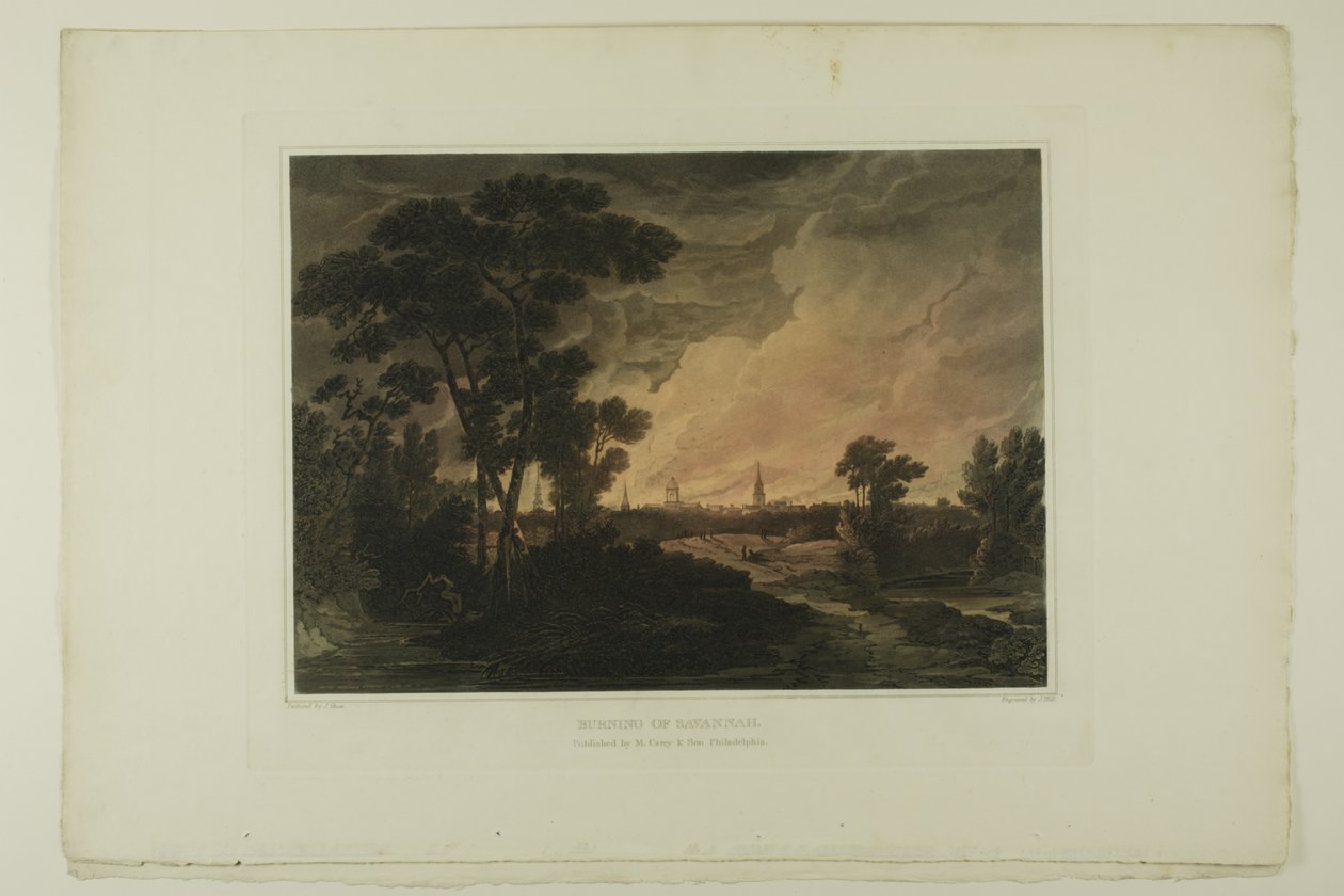 Burning of Savannah, tallerken fire av det andre antallet pittoreske utsikter over amerikansk natur av John Hill