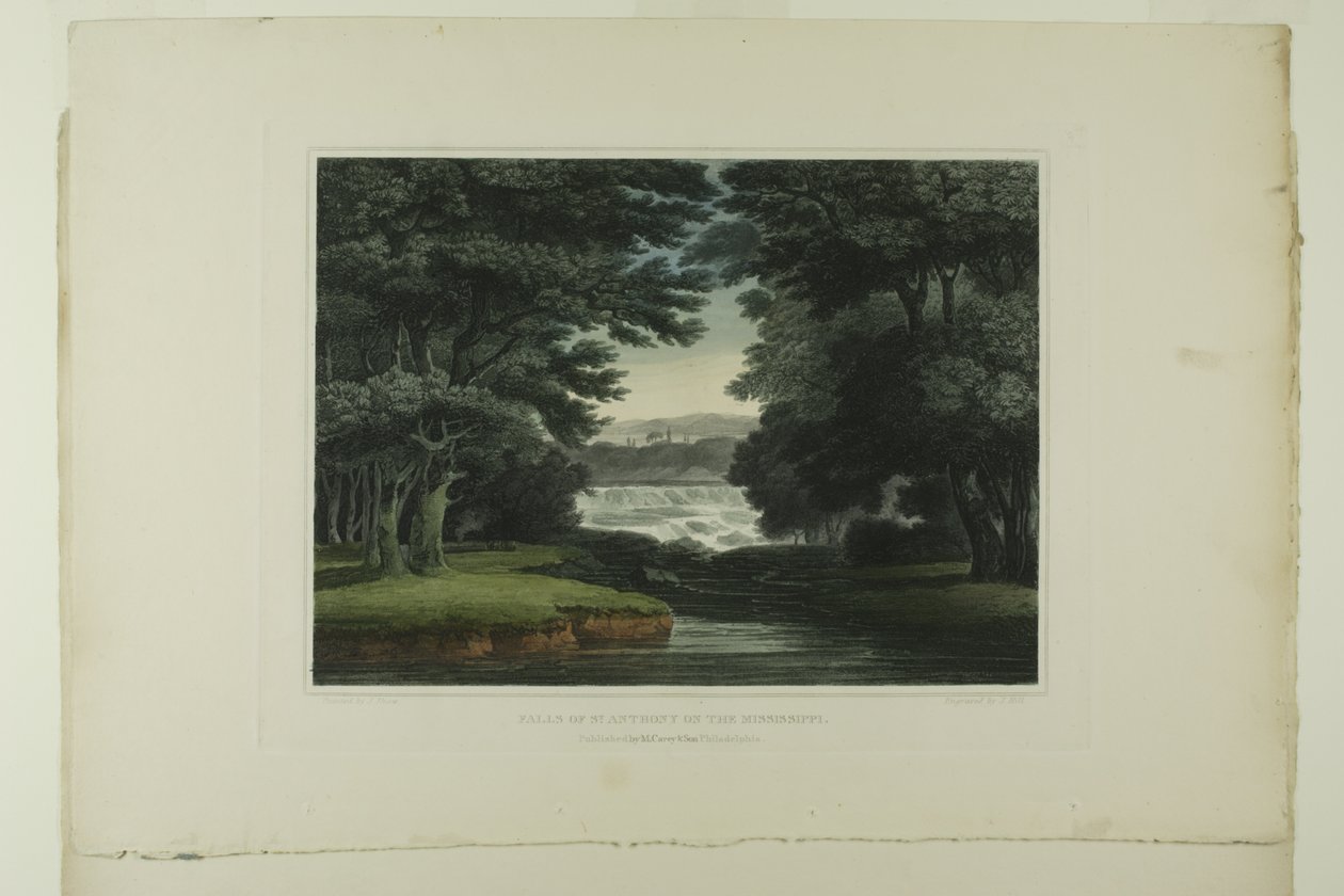 Falls of St. Anthony på Mississippi, plate syv av det første antallet pittoreske utsikter over amerikansk natur av John Hill
